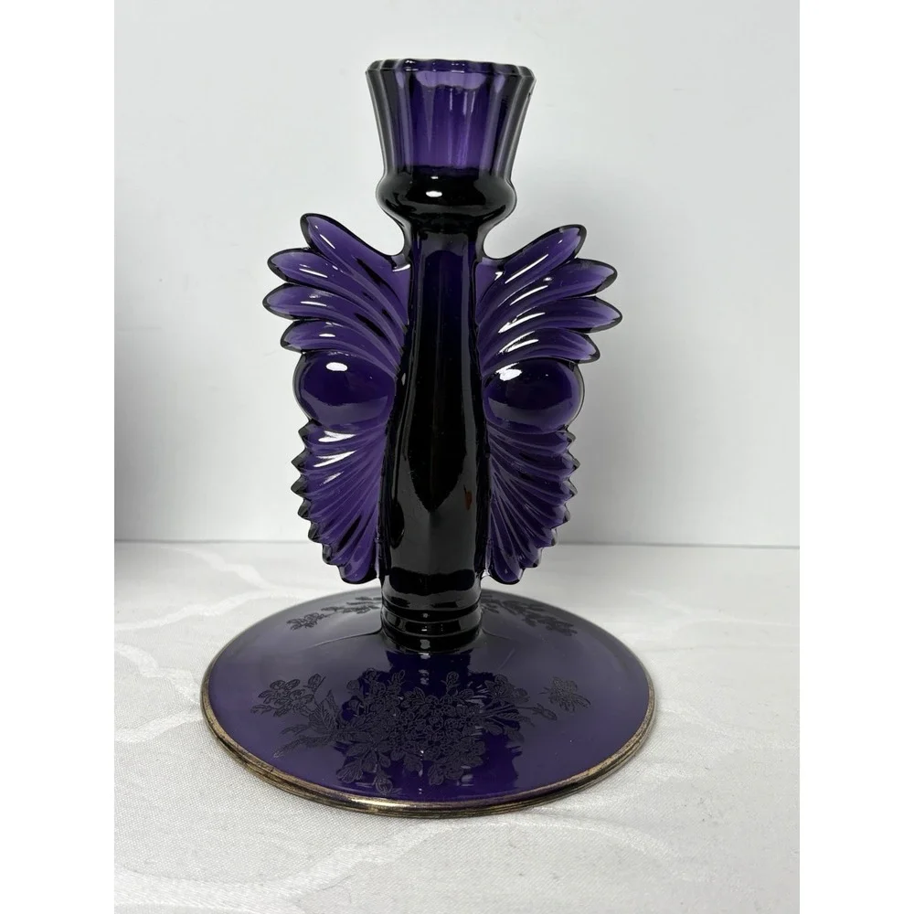 2 VTG Paden City Purple Amethyst Glass Art Deco Candlesticks Maya Ardith Etching